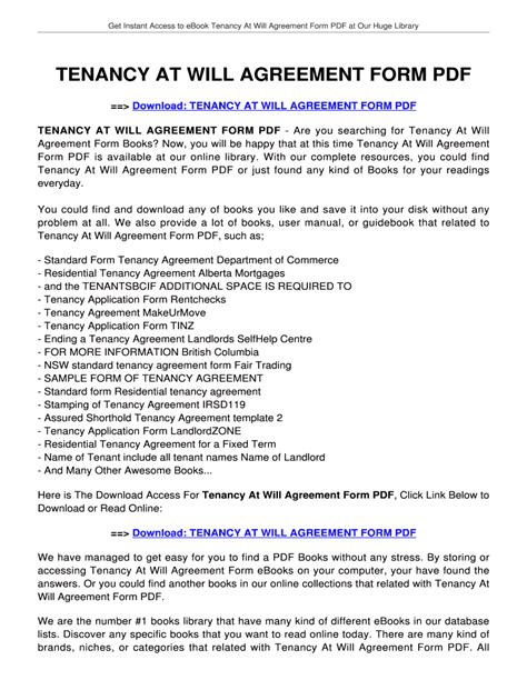 Fillable Online Tenancy At Will Agreement Form Pdf Tolianbiz Home Fax