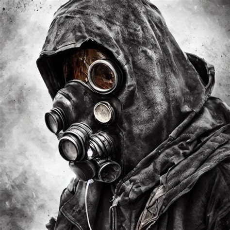 Gritty Hooded Apocalyptic Man In Gas Mask Standing In Stable Diffusion