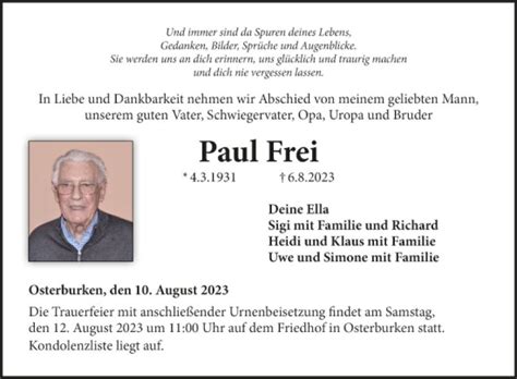 Traueranzeigen Von Paul Frei Trauerportal Ihrer Tageszeitung