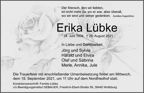 Traueranzeigen von Erika Lübke trauer anzeigen de