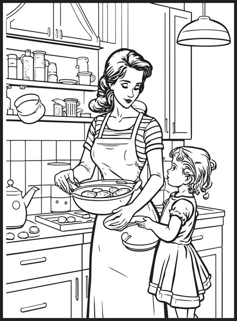 Mother Son Kitchen Coloring Page 23175386 Vector Art At Vecteezy