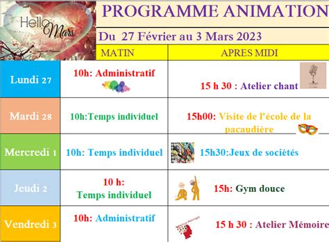 Animations De La Semaine Du F Vrier Au Mars Ehpad Fondation Grimaud