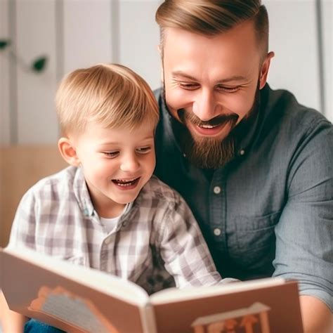 Pai e filho estão lendo um livro e sorrindo enquanto passam um tempo