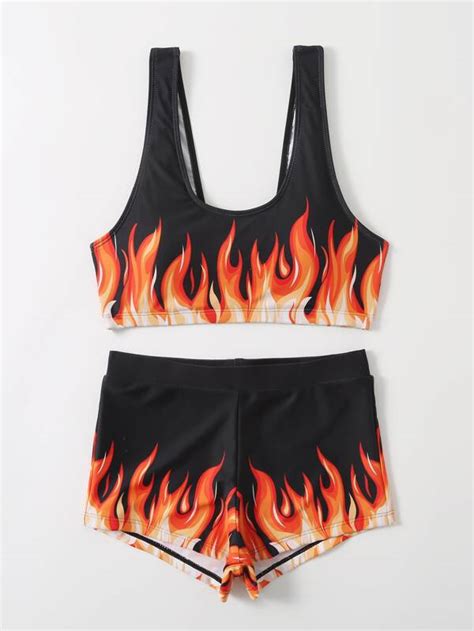 Shein Swim Y Glam Fire Print Bikini Set Tank Wireless Bra Top Boxer