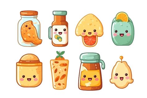 Kawaii Nourriture Personnages Dessin Animé Petit Déjeuner Repas Isolés