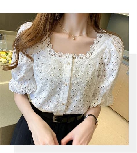 Huidianyin Collar White Lace Blouse Women Fashion Elegant Hollow Out Tops Summer Short Sleeve