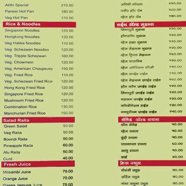 Menu Of Hotel Atithi Pure Veg Dhankawadi Pune