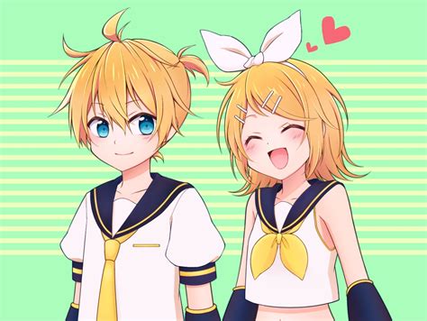 Aqua Eyes Blonde Hair Green Headband Heart Kagamine Len Kagamine Rin