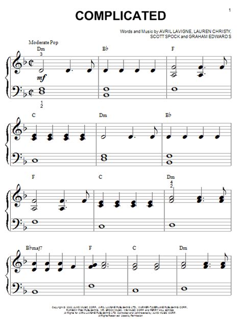 Complicated By Avril Lavigne Sheet Music For Big Note Piano At Sheet