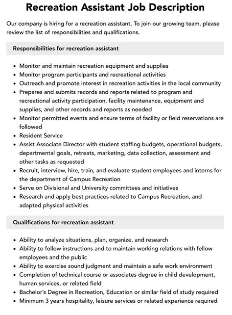 Recreation Assistant Job Description Velvet Jobs