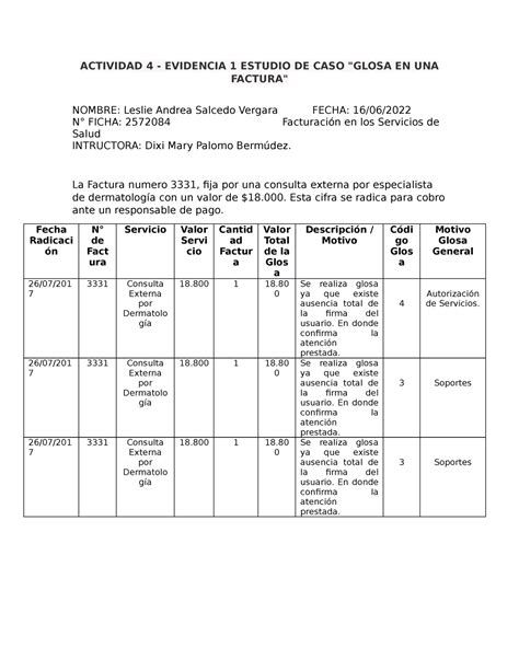 Actividad Evidencia Estudio De Caso Glosa En Una Factura