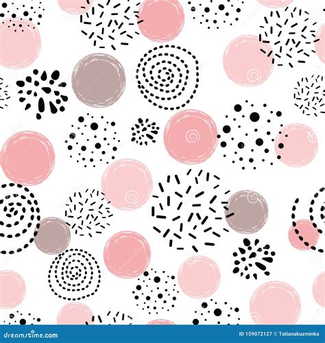 Seamless Pattern Polka Dot Abstract Ornament Decorated Pink Black Hand Drawn Round Shapes Stock