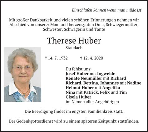 Traueranzeigen Von Therese Huber Trauer Merkur De