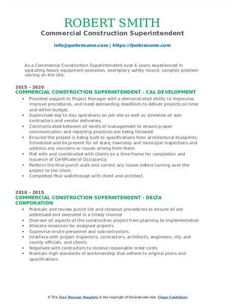 Commercial Construction Superintendent Resume Samples Qwikresume