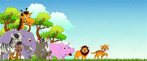 animal cartoon with forest background Stock Vector | Adobe Stock