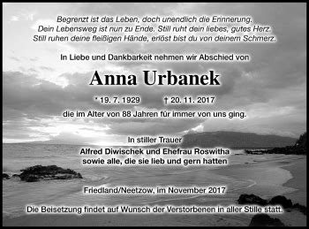 Traueranzeigen Von Anna Urbanek Trauer Nordkurier