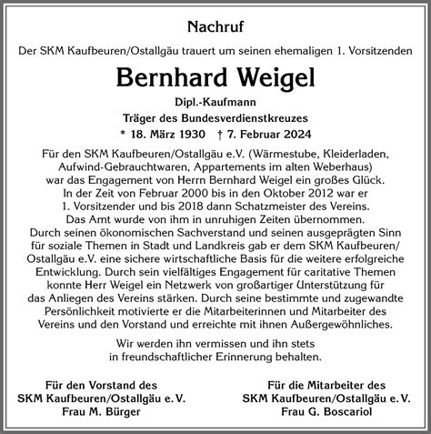 Traueranzeigen Von Bernhard Weigel Augsburger Allgemeine Zeitung