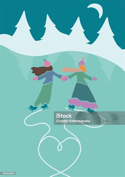 Lesbian Couple Ice Skating In A Frozen Lake Stock Illustration