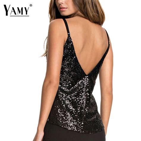 Cropped Top Women Elegant Shirts Black Sequined Backless Party Sexy