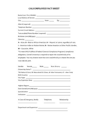 Fillable Online Cals Cornell NEW EMPLOYEE FACT SHEET Cornell CALS Fax