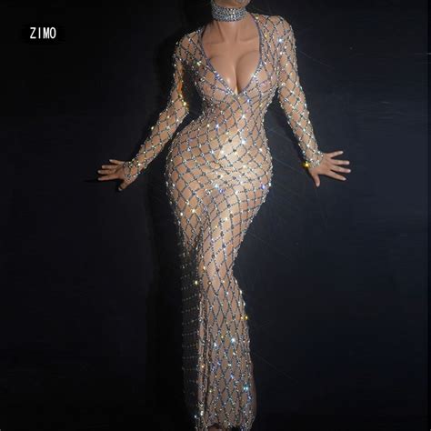 Sexy Rhinestone Dress Crystal See Through Mesh Party Club Birthday