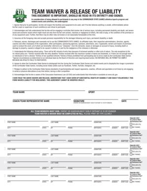 Fillable Online Team Waiver Form Cornhusker State Games Fax Email