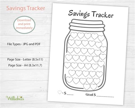 Money Savings Tracker Hearts In Jar Savings Goal Print At Home