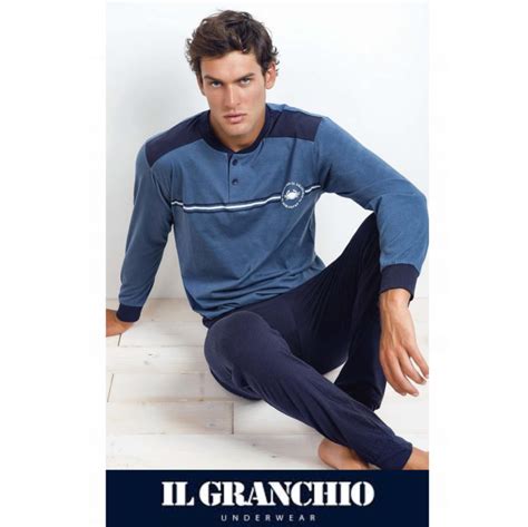 Il Granchio Pigiama Uomo Gp Lungo In Cotone Tinta Unita Blu Denim