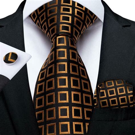 Mens Coordinated Silk Tie Set Black Gold Check Ties Mens Black