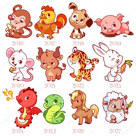 Set Of Zodiac Signs In Cartoon Style Chinese Zodiac Stock Vector