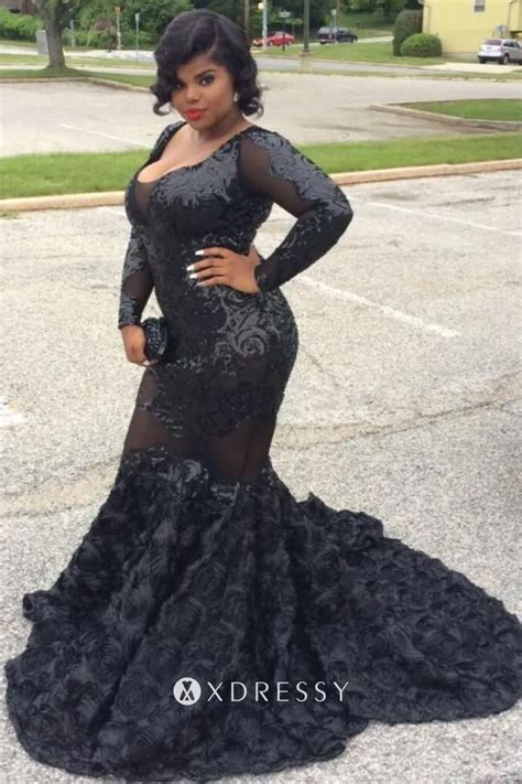 Black Sequin 3D Rose Mermaid Plus Size Prom Dress Xdressy