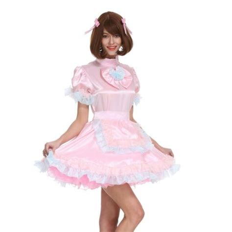 Sissy Girl Maid Pink Lockable Bow Satin Dress Crossdressing Cosplay