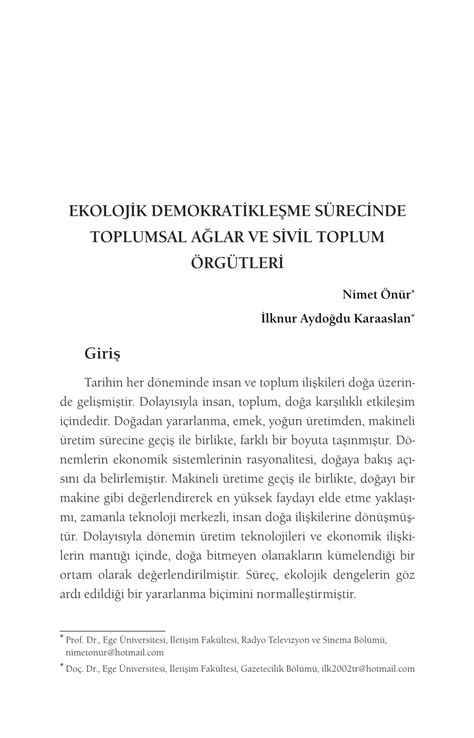 PDF EKOLOJİK DEMOKRATİKLEŞME SÜRECİNDE TOPLUMSAL AĞLAR VE SİVİL