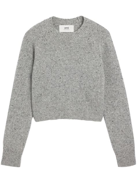 AMI Paris Logo Embroidered Crew Neck Jumper Grey FARFETCH