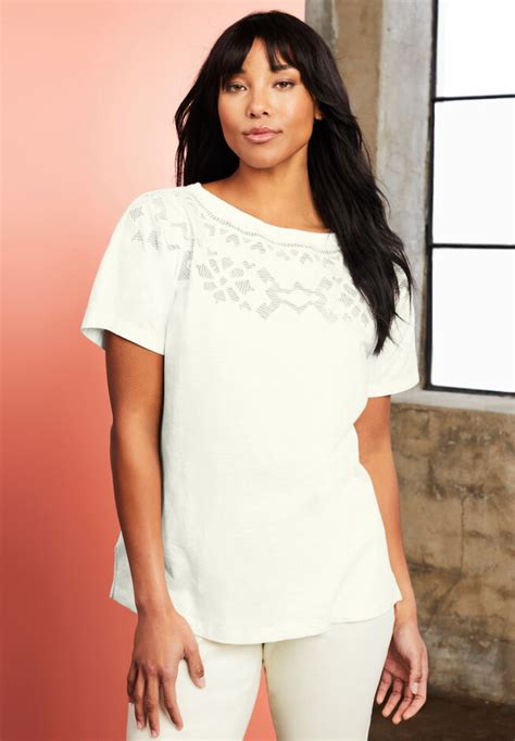 Plus Size Openwork Boatneck Shirt Ivory Openwork Woman Within