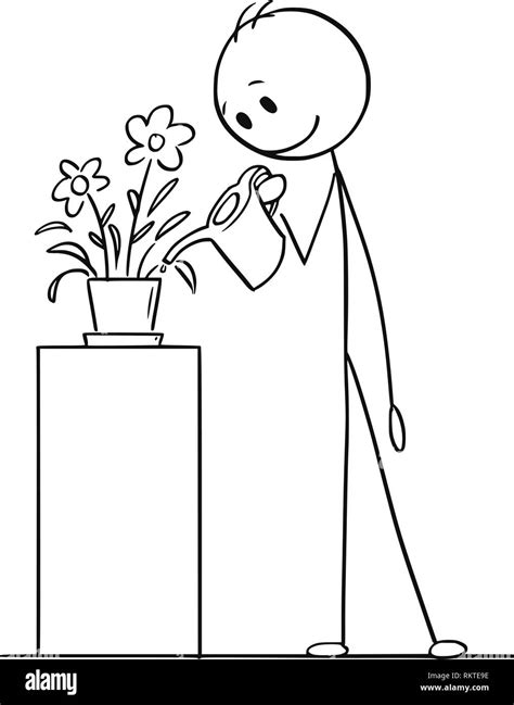 Cartoon Drawing of Man Watering Plant in Pot or Flowerpot Stock Vector Image & Art - Alamy