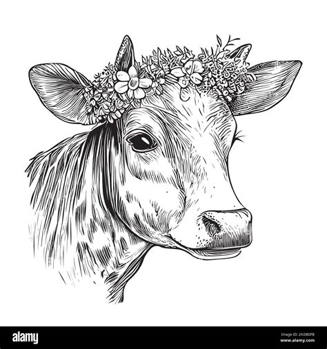 Retrato De Vaca Con Flores En La Cabeza Dibujado A Mano Boceto Imagen