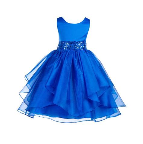 Wedding Asymmetric Ruffles Satin Organza Royal Blue Flower Girl Dress Sequin Sash Bridesmaid