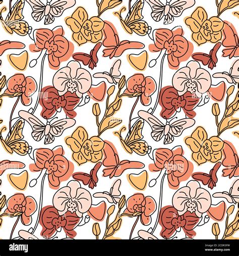 Orchids And Butterflies Seamless Background Pattern With Hand Drawn