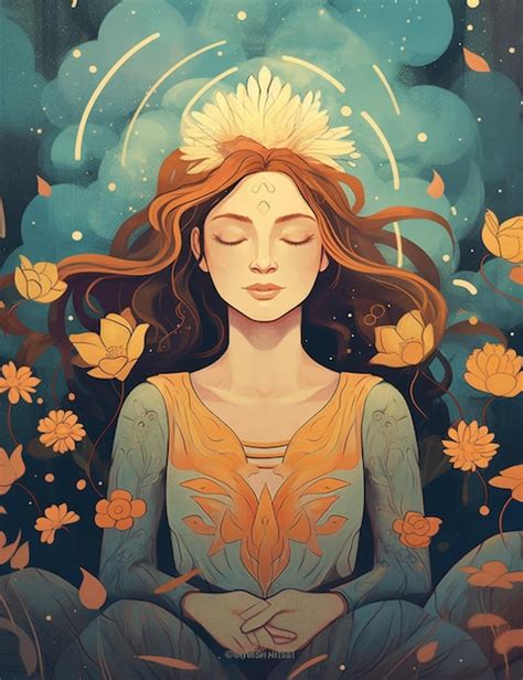 Ilustración de una niña meditando rodeada de personajes animados estilo