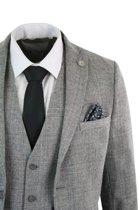 Men S Grey Check Piece Tweed Prince Of Wales Suit Stz Happy