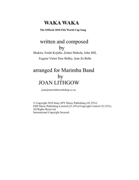 Waka Waka This Time For Africa Score Only Arr Joan Lithgow By