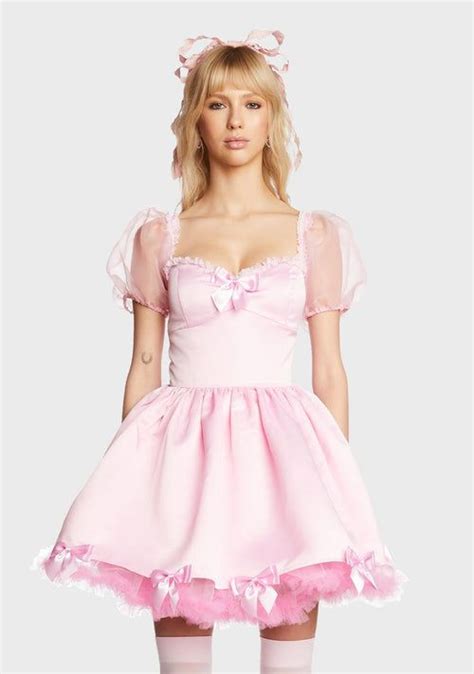 Sugar Thrillz Satin Organza Bow Babydoll Dress Pink Babydoll Dress