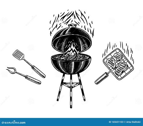 Barbecue Grill Set In Vintage Style Drawn By Hand Bbq Party