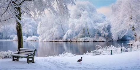 Premium Photo | Snowy Park Serenity A snowy park with a pond and ducks