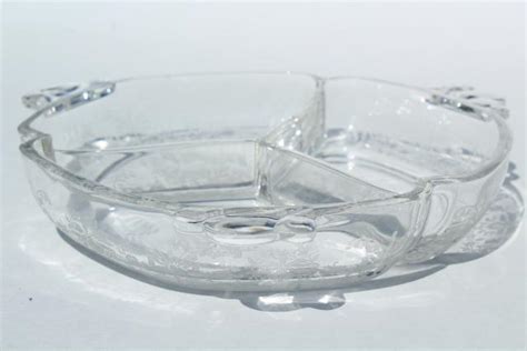 1950s Vintage Heisey Orchid Etched Glass Divided Dressing Bowl