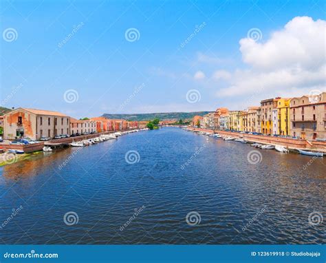 View of the River and River Embankment in the City of Bosa. Province of Oristano, Sardinia ...