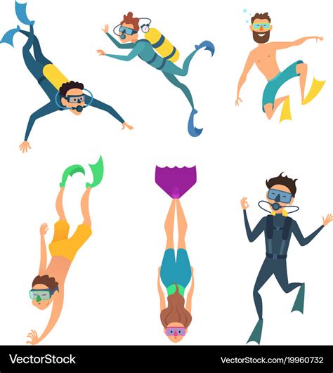 Set Of Cartoon Characters Underwater Divers Vector Image