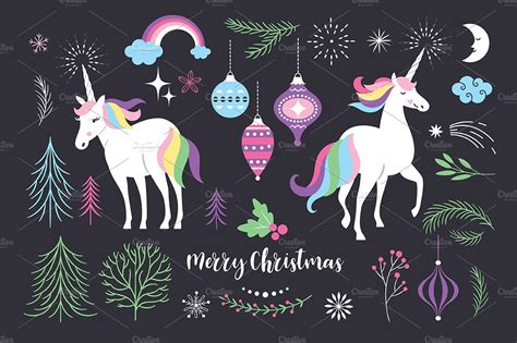 Christmas With Unicorn Decorative Illustrations Creative Market