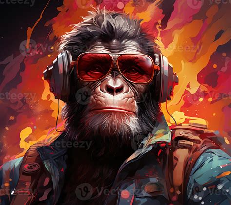 painting of a monkey wearing headphones and sunglasses with a backpack ...